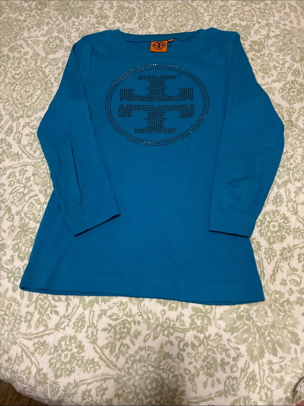 Tory Burch Girls Teal Long-Sleeve Logo Tee